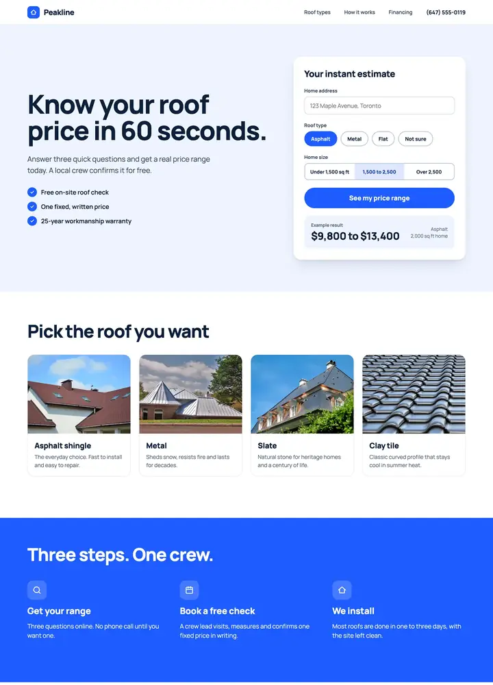 Peakline Roofing, Instant quote tool, desktop home page