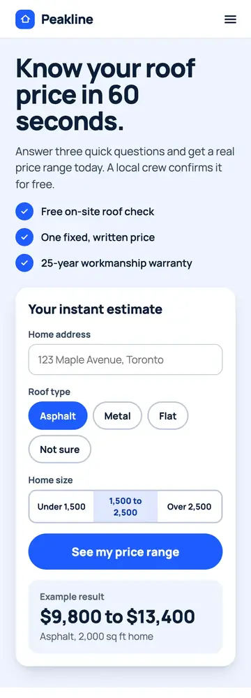 Peakline Roofing, Instant quote tool, mobile home page