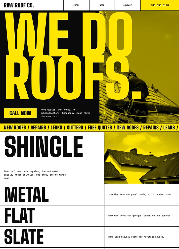 Raw Roof Co, Brutalist poster, desktop home page
