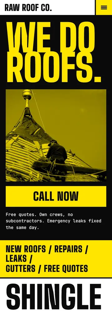 Raw Roof Co, Brutalist poster, mobile home page