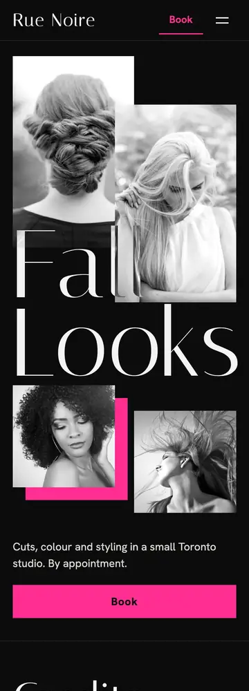 Rue Noire Hair, Fashion lookbook collage, mobile home page