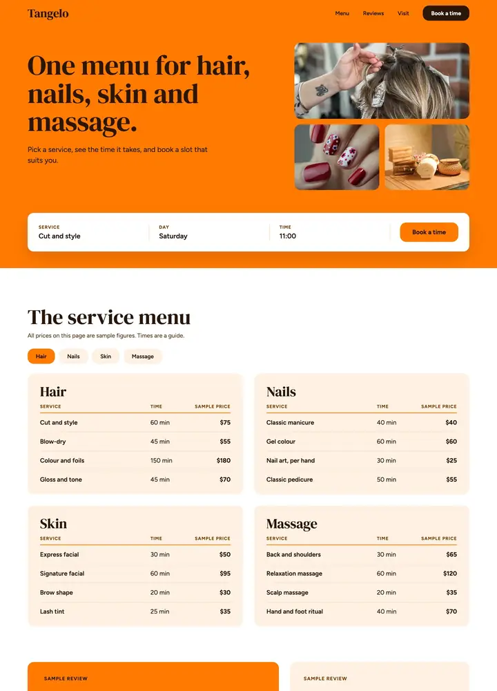 Tangelo Beauty Bar, Service menu card, desktop home page