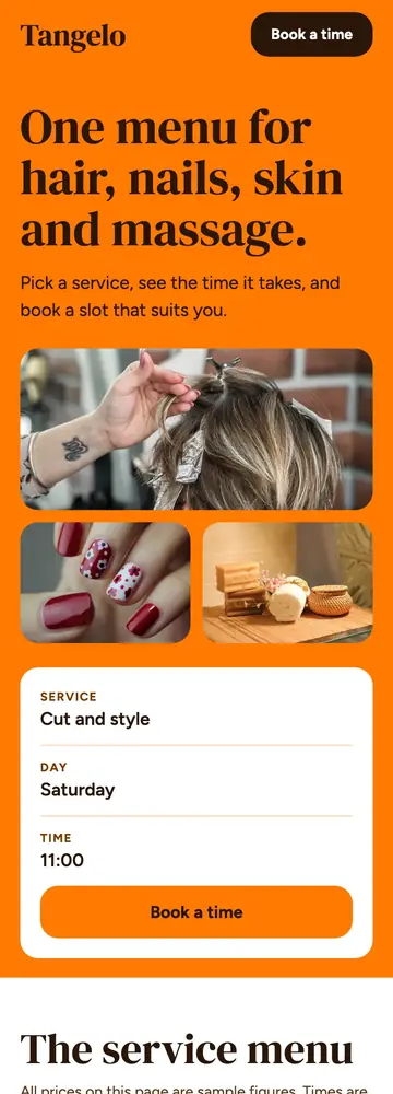 Tangelo Beauty Bar, Service menu card, mobile home page