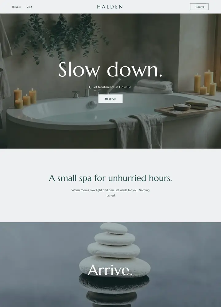 Halden Quiet Spa, Quiet full-bleed sequence, desktop home page