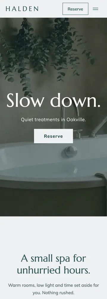 Halden Quiet Spa, Quiet full-bleed sequence, mobile home page