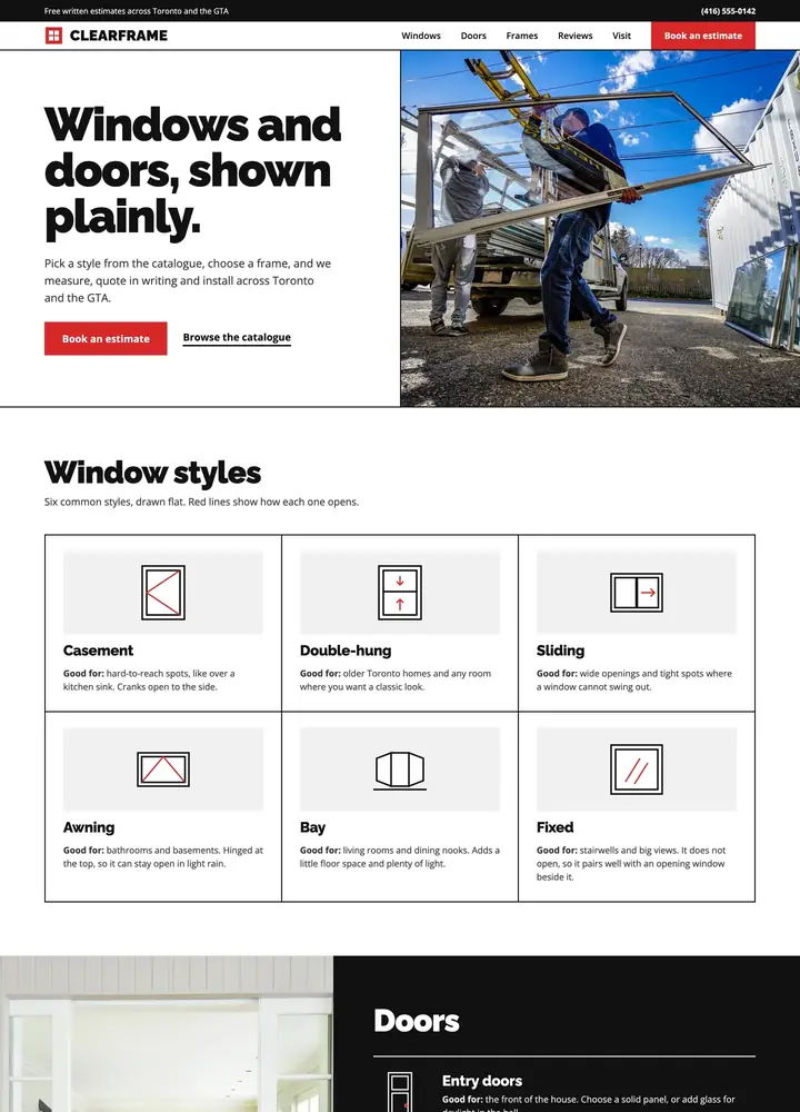 Clearframe Window and Door, Product catalogue, desktop home page