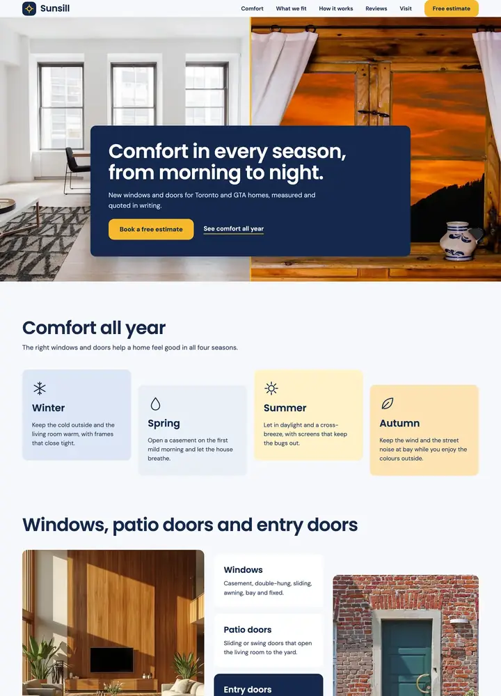 Sunsill Windows and Doors, Day and night split, desktop home page