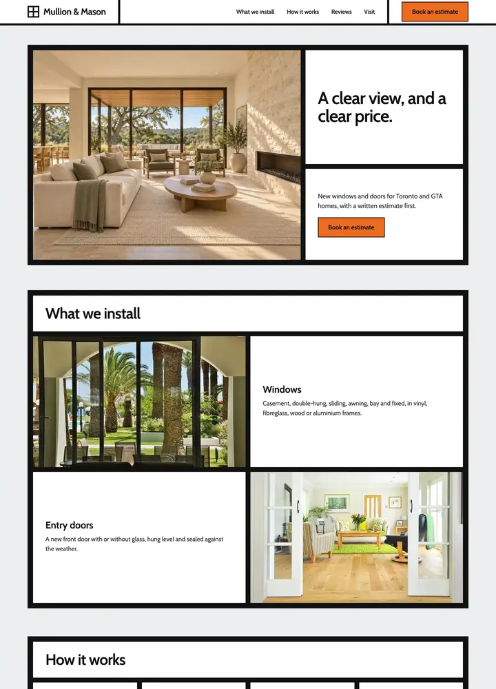 Mullion & Mason Windows, Giant window frame, desktop home page