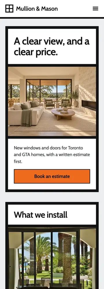 Mullion & Mason Windows, Giant window frame, mobile home page